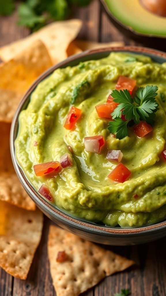 A bowl of guacamole with tortilla chips on a rustic table.